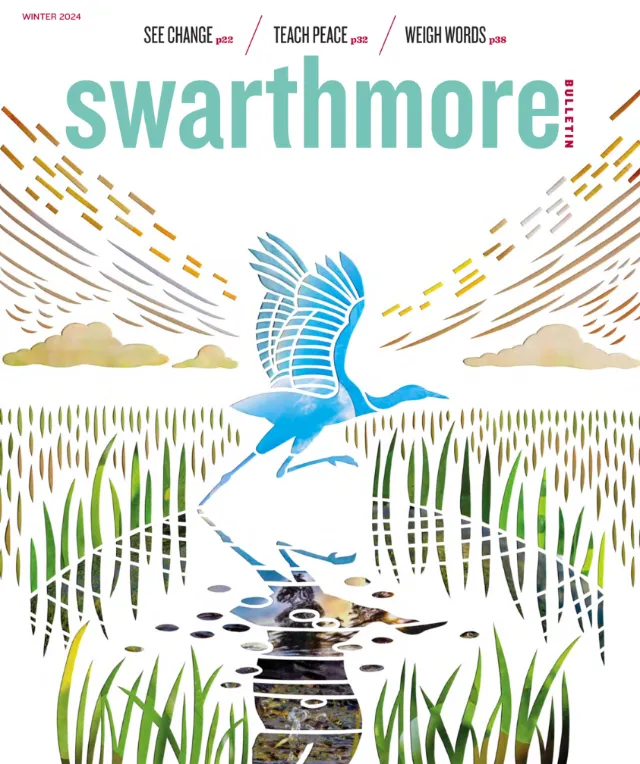 Blue heron flying over a wetland with cattails and reflections
