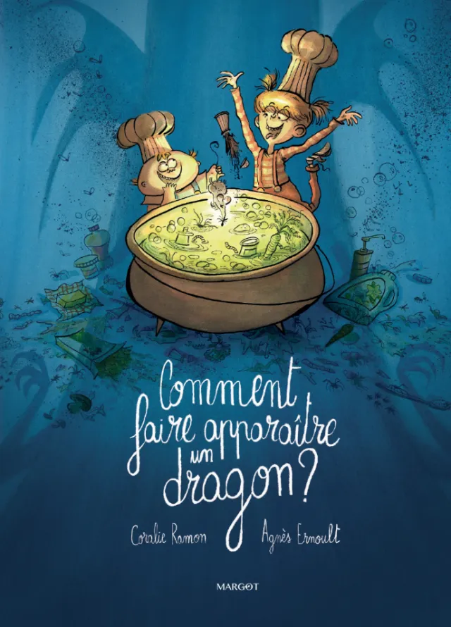 Two chefs happily cooking magical potion in a large cauldron