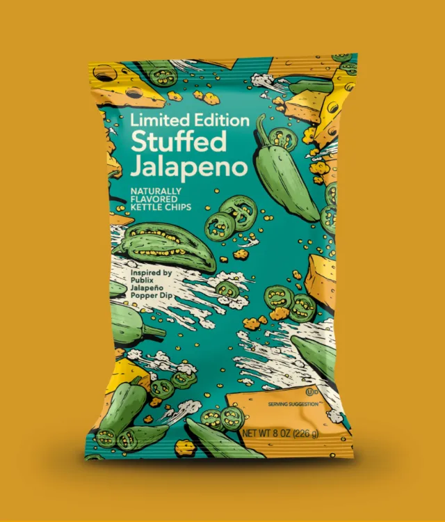 Packaging illustration of Stuffed Jalapeno chips by artist Cat Sims