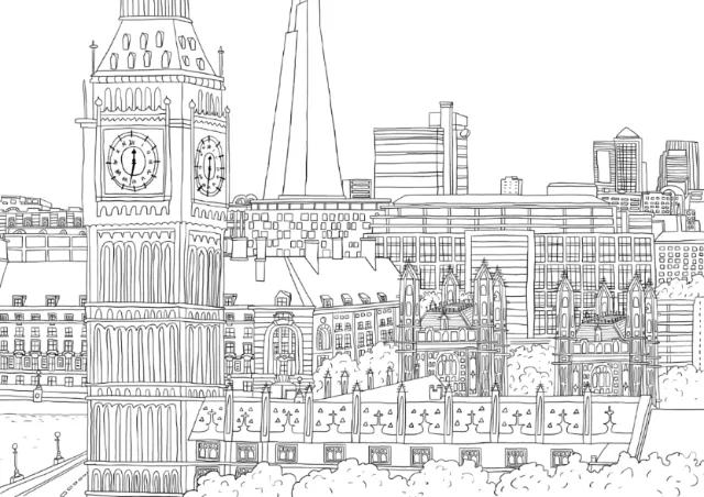 Black and white London cityscape with Big Ben and The Shard by Claire Rollet