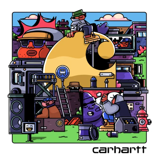 Cartoon style workwear scene with characters and large letter C
