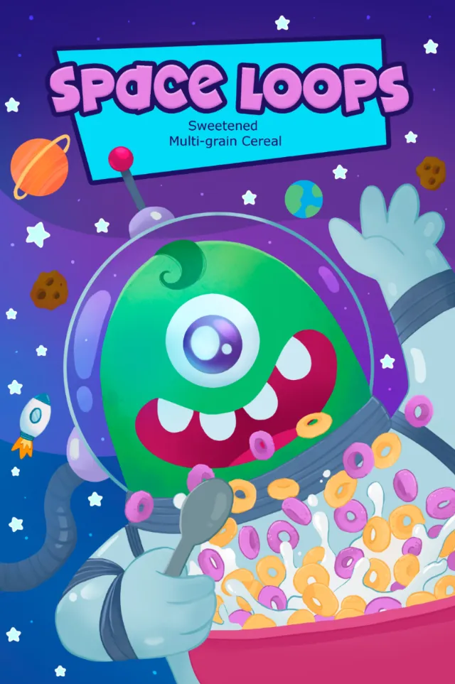 Green alien astronaut eating a bowl of colorful cereal loops