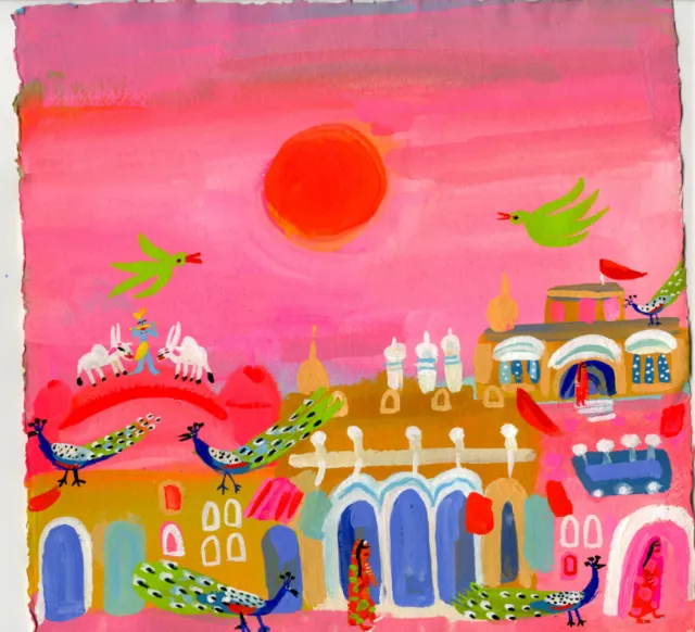 Whimsical cityscape with birds, animals, and an orange sun on pink sky