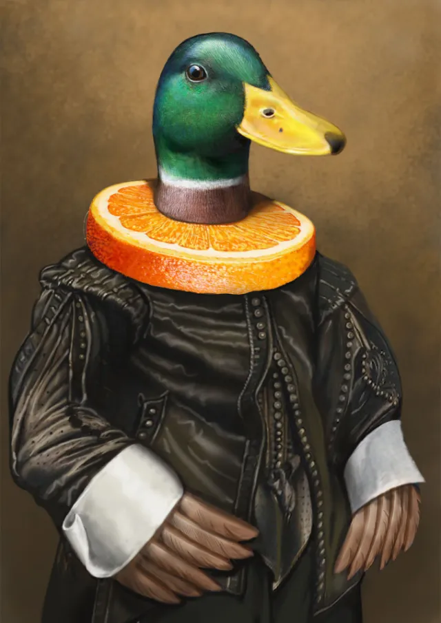 Duck head with orange collar and human hands wearing vintage outfit