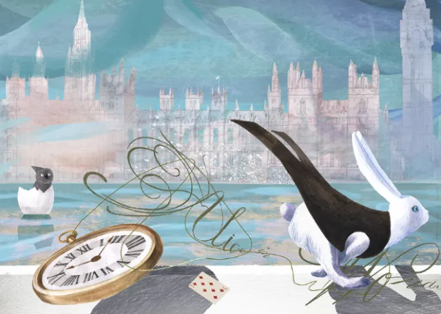Illustration of a black and white rabbit with a cityscape and pocket watch