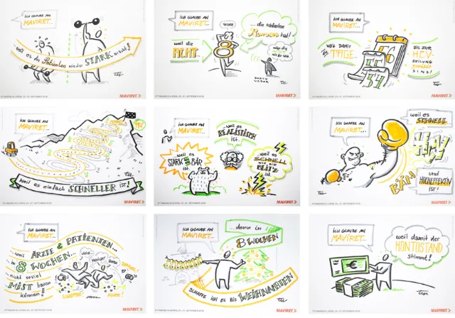 Nine cartoon-style sketches with text about motivation, ideas, and success.