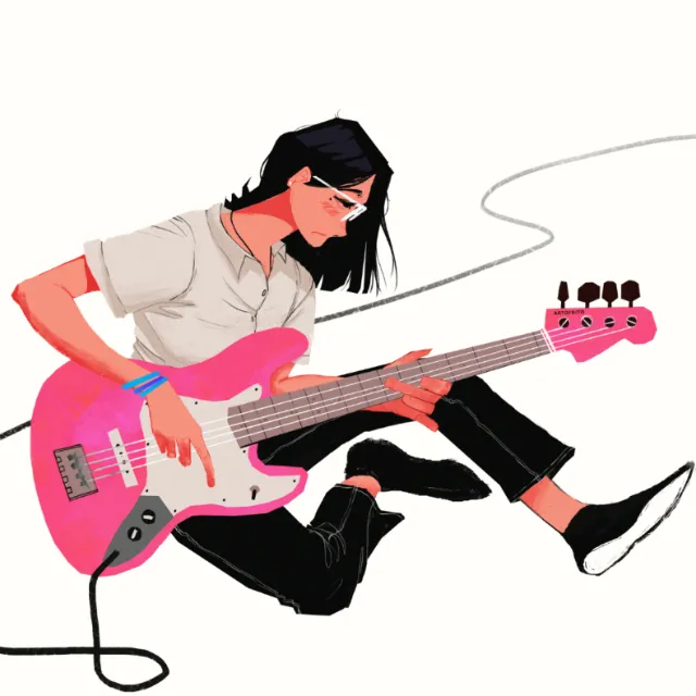 Comic painting of a lady guitarist
