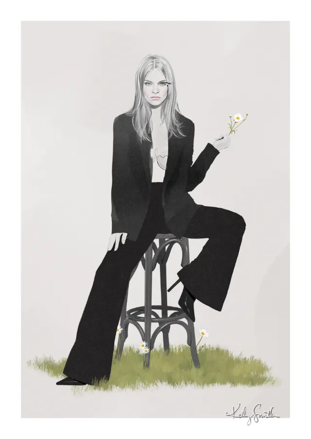 Illustration of a woman in a black suit sitting on a stool holding a white flower by Kelly Smith