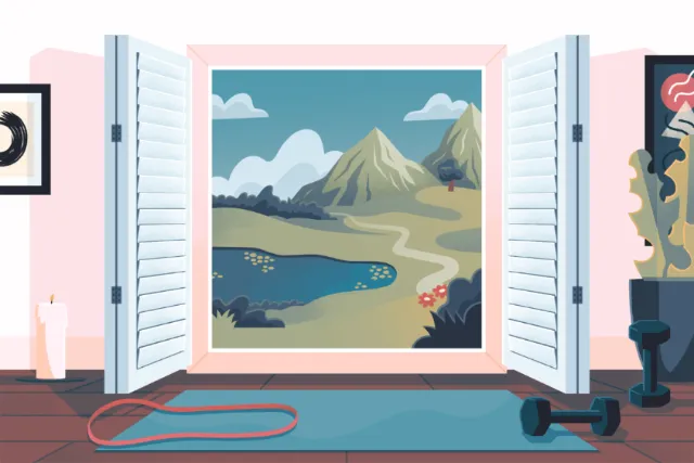 Open window showing mountains, lake, and hiking trail landscape