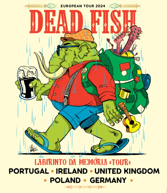 Cartoon turtle hiking with backpack and pint, Dead Fish Euro Tour 2024