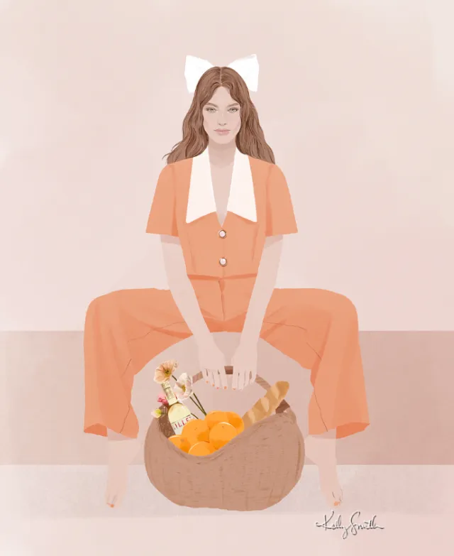 Illustration of woman in orange outfit holding basket with bread and oranges