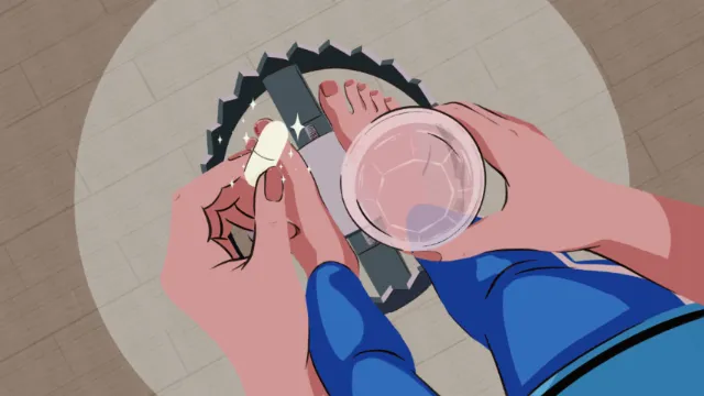 Hands holding a pill and a glass of water seen from above.