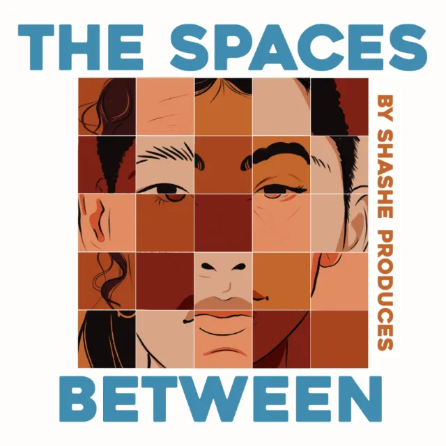 Illustrated mosaic of a face with varying skin tones and text The Spaces Between