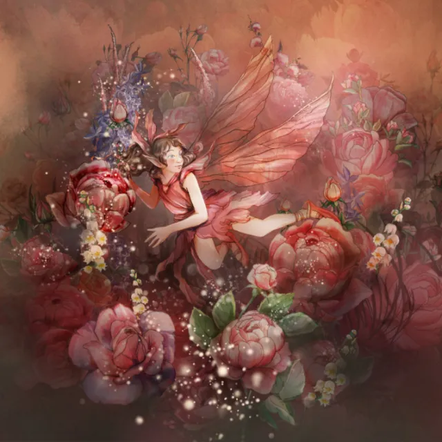 Pink-winged fairy flying among vibrant blooming flowers and sparkles