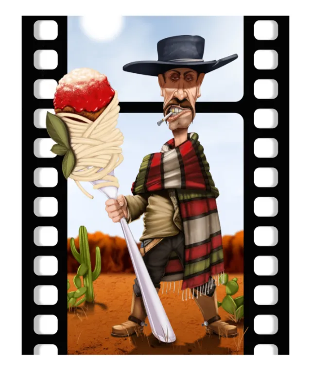 Cartoon cowboy holding spaghetti with meatball in desert