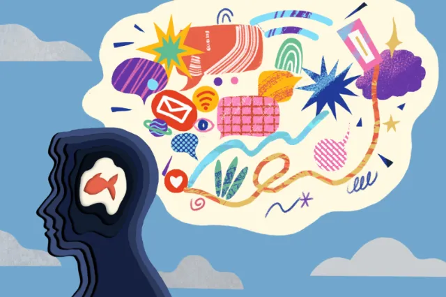 Silhouette of a person with colorful abstract shapes showing ideas and thoughts