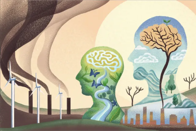 Artwork depicting industrial pollution and thriving nature in human and tree forms by Li Zhang