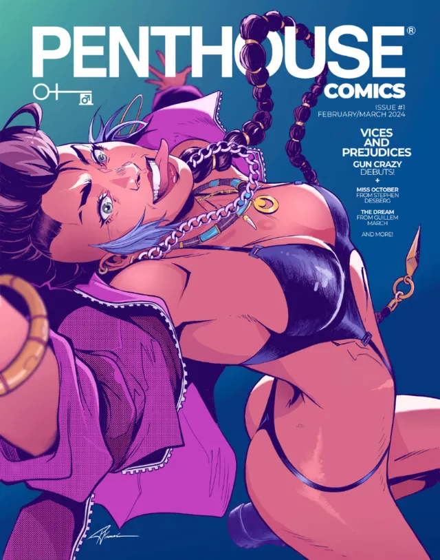 Illustration of a woman with purple hair in revealing outfit on Penthouse cover