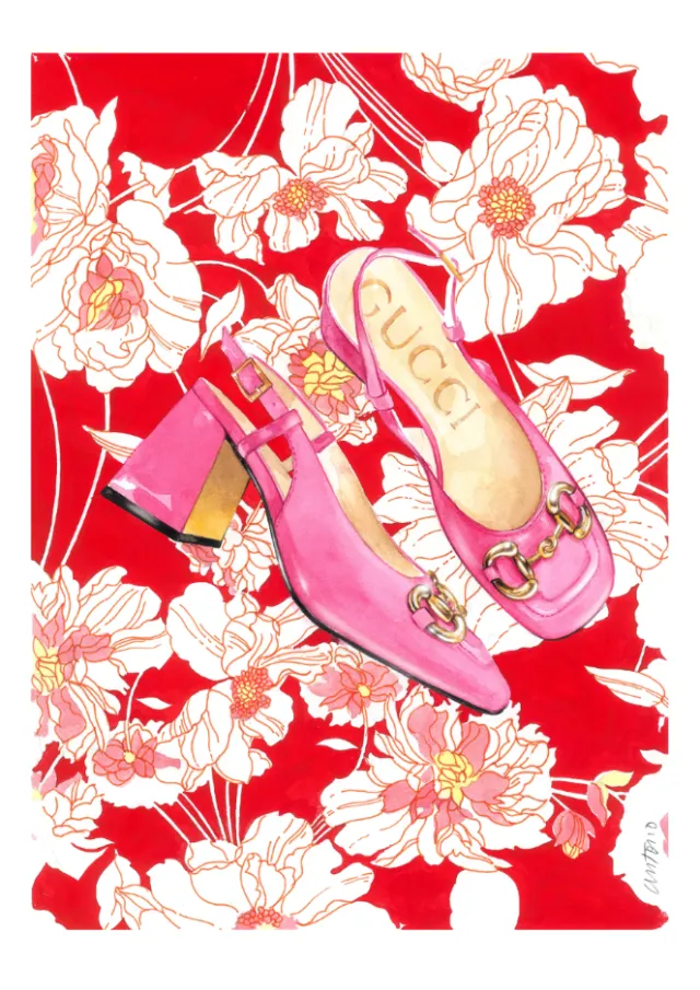 Pink Gucci block heel shoes on red floral patterned background