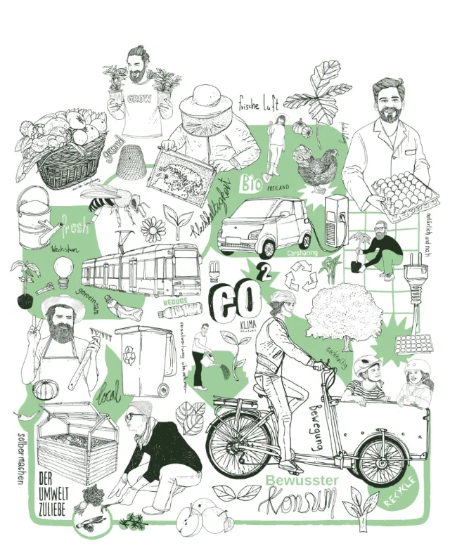 Illustration showing eco activities like biking, gardening, and organic food farming