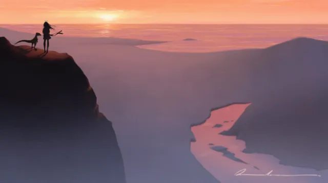 Silhouettes of two people and a dog on cliff at sunset over river