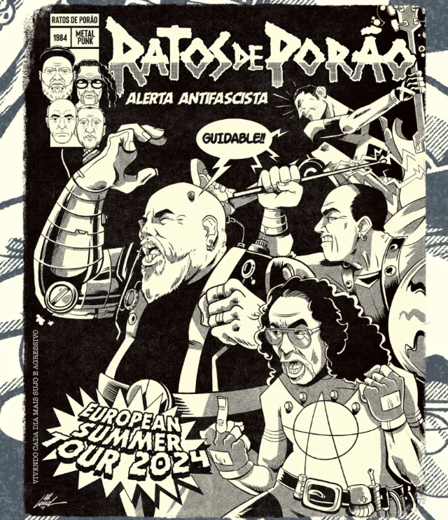 Black and white punk band tour poster with aggressive characters and text