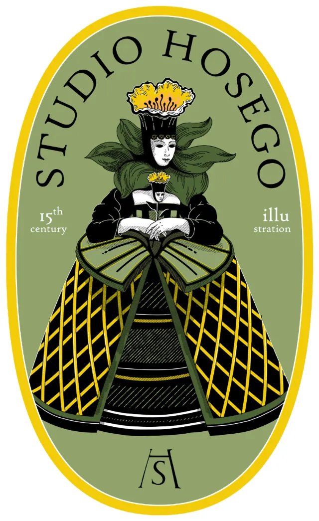 Studio Duco illustration of a flower-crowned witch on a green botanical label