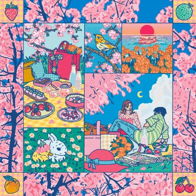 Colorful illustration with cherry blossoms, picnic, birds, and rabbits