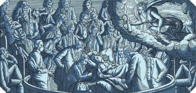 Illustration of an anatomy lesson with doctors and students dissecting a cadaver by Studio Duco