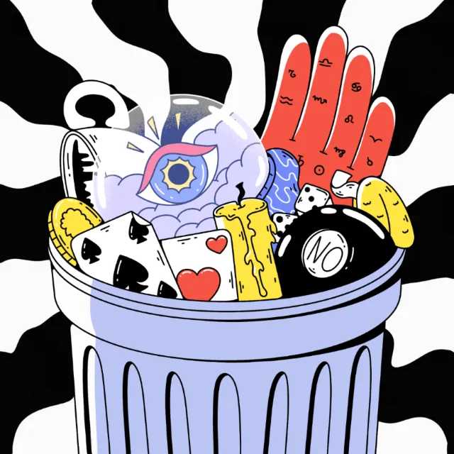 Surreal trash can with eye, cards, hand, and objects on black and white background