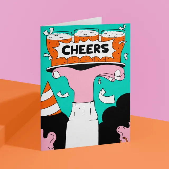 Illustration of hand holding a Cheers card with drinks and confetti