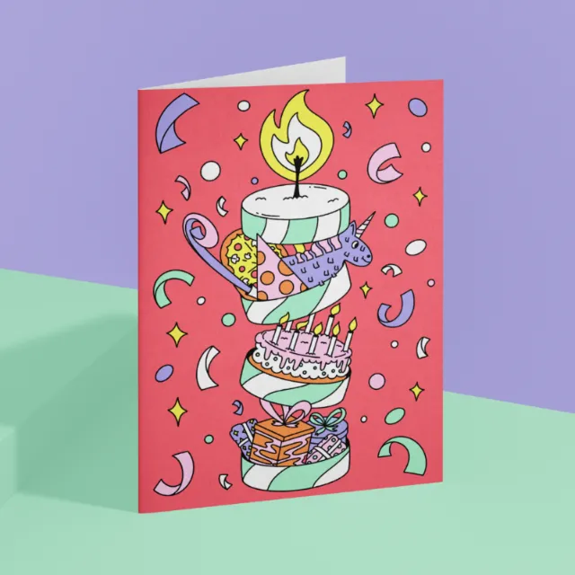 Colorful birthday card with stacked cakes and candle illustration