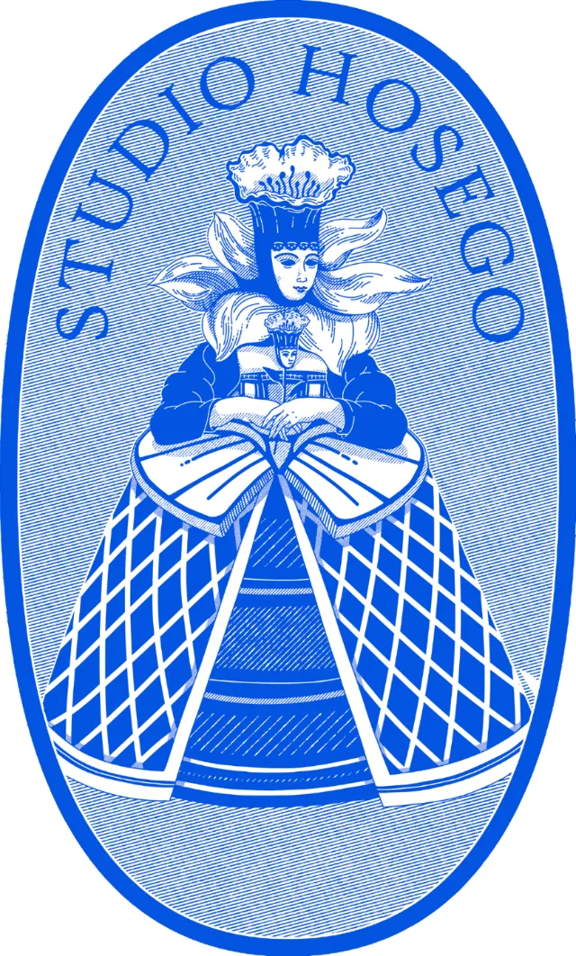 Blue and white Delft-style illustration of a woman with flower head