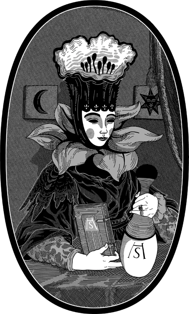Victorian-style figure with flower crown holding book and bottle