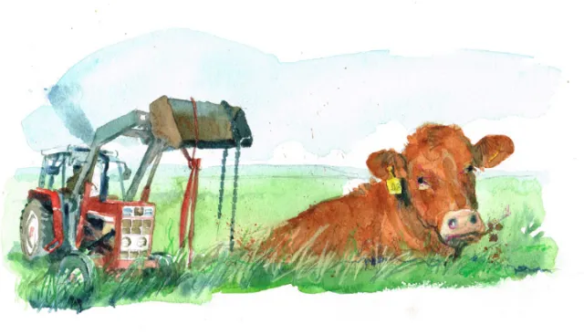 Red tractor and brown cow lying on grass in watercolor style