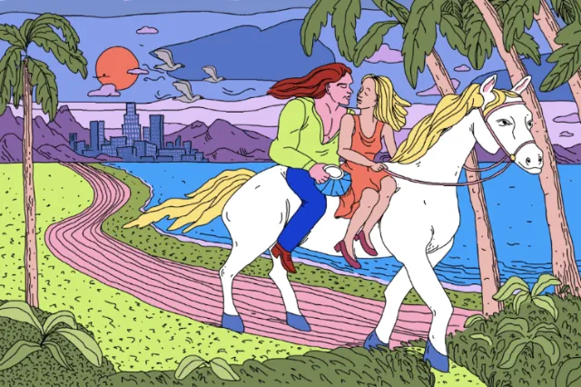 Couple riding white horse along beach at sunset