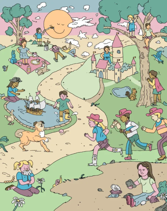 Children playing creatively outdoors on a sunny day