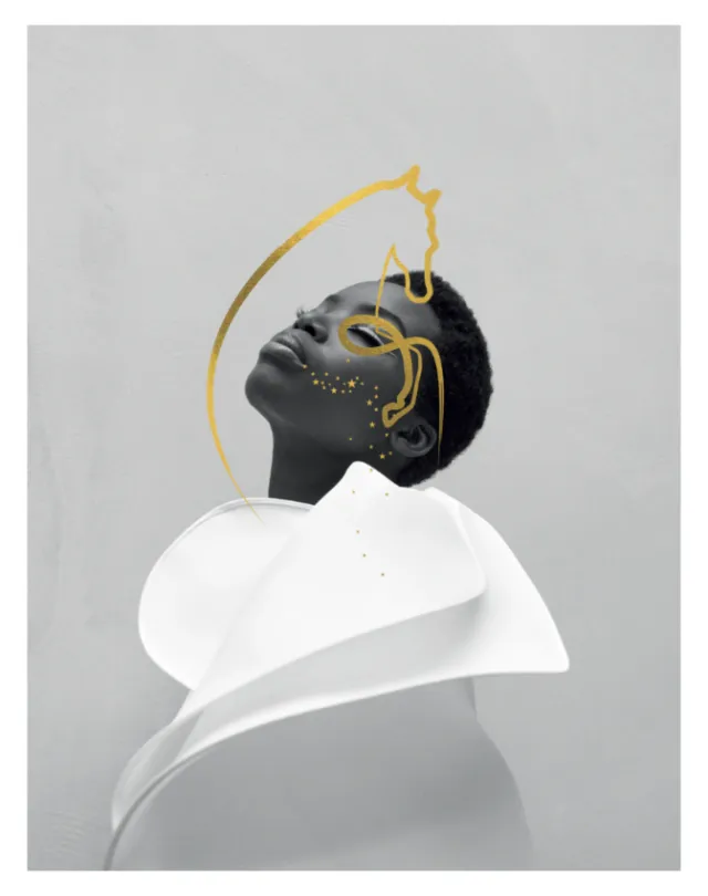 Portrait of person with abstract gold line art on face and white collar