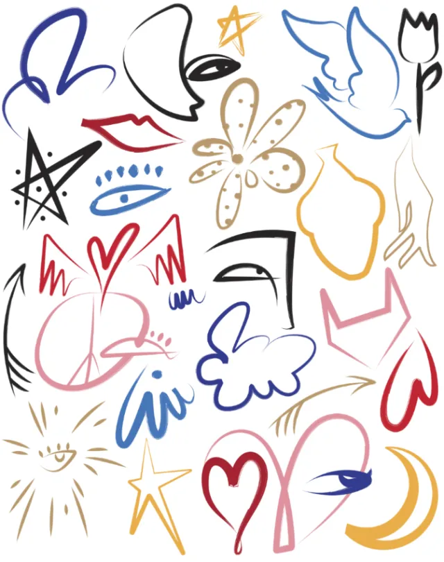 Colorful abstract doodles of faces, stars, flowers, and shapes on white