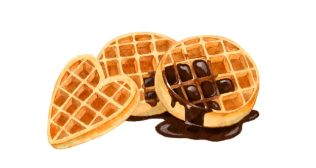 Three golden waffles with chocolate syrup on white background