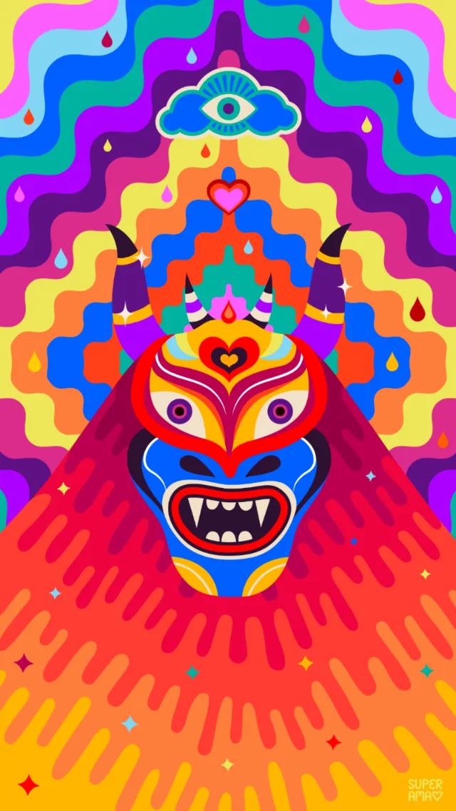 Vibrant psychedelic masked figure with an all-seeing eye and rainbow waves