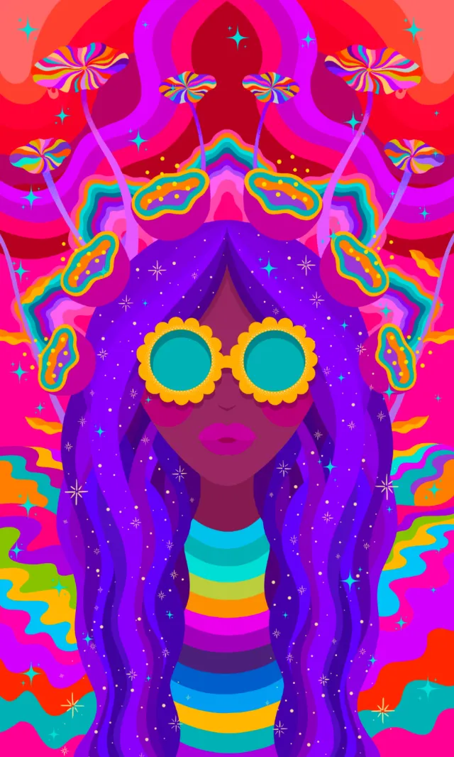 Psychedelic woman with blue hair, colorful glasses, and vibrant swirling patterns