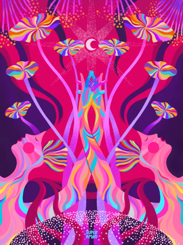 Vibrant psychedelic hands and lotus flowers with crescent moon on purple background
