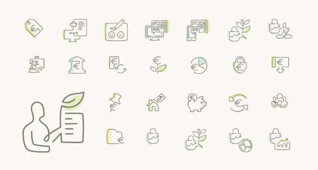 Eco and sustainability icons with plants, piggy bank, and money.