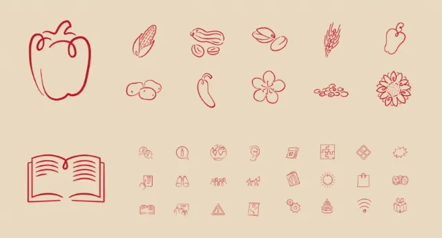 Minimalist line icons of various produce and an open book.