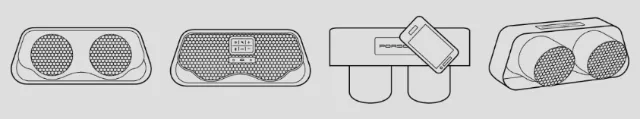 Black and white line drawings of four different speaker designs.