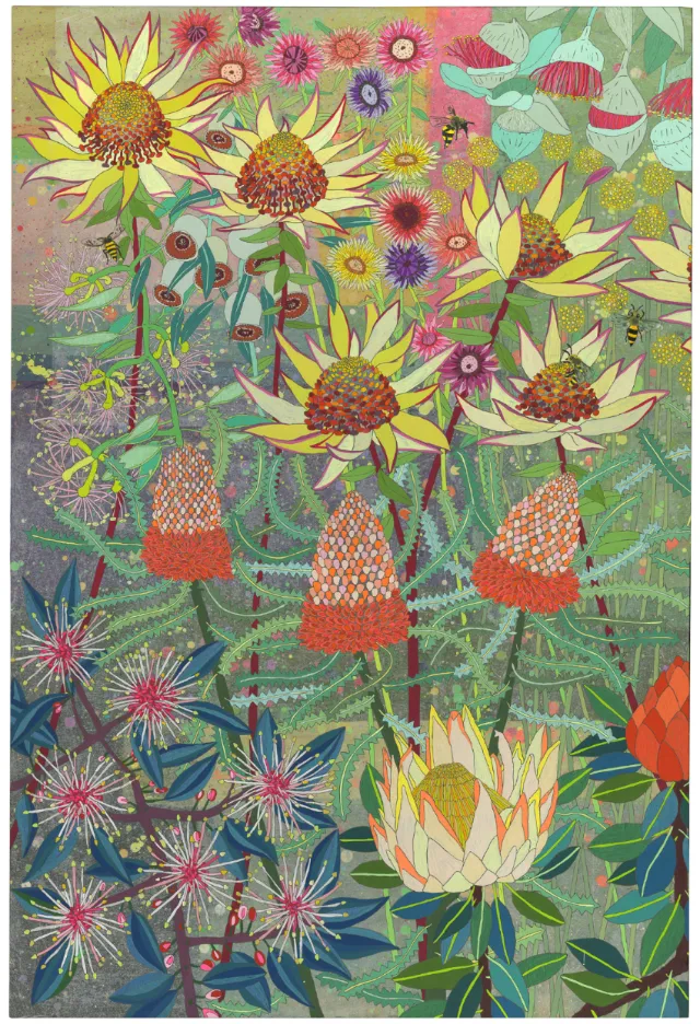 Vibrant artwork of sunflowers and other colorful flowers in bloom