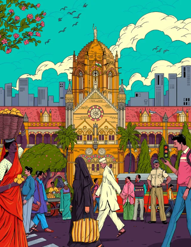 Mumbai city life line and color illustration