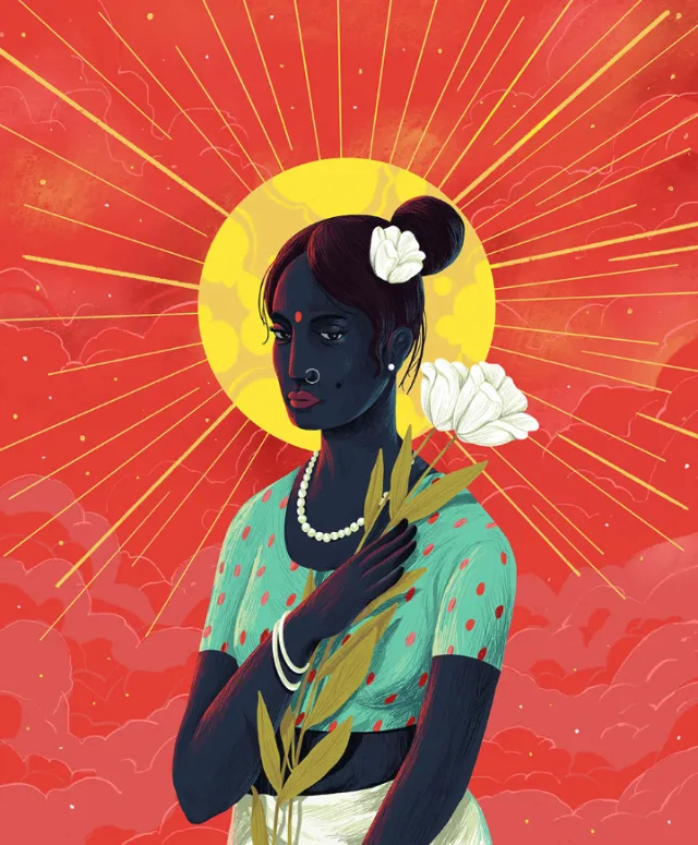 Dark-skinned woman with flowers and halo on red background