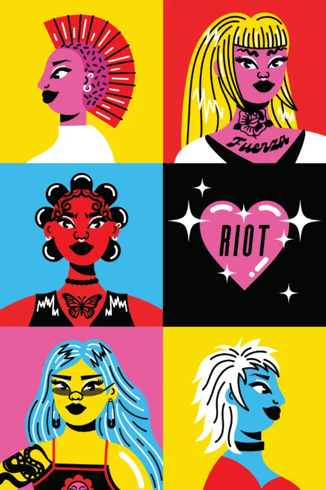 Six colorful punk style illustrations with unique hairstyles and accessories